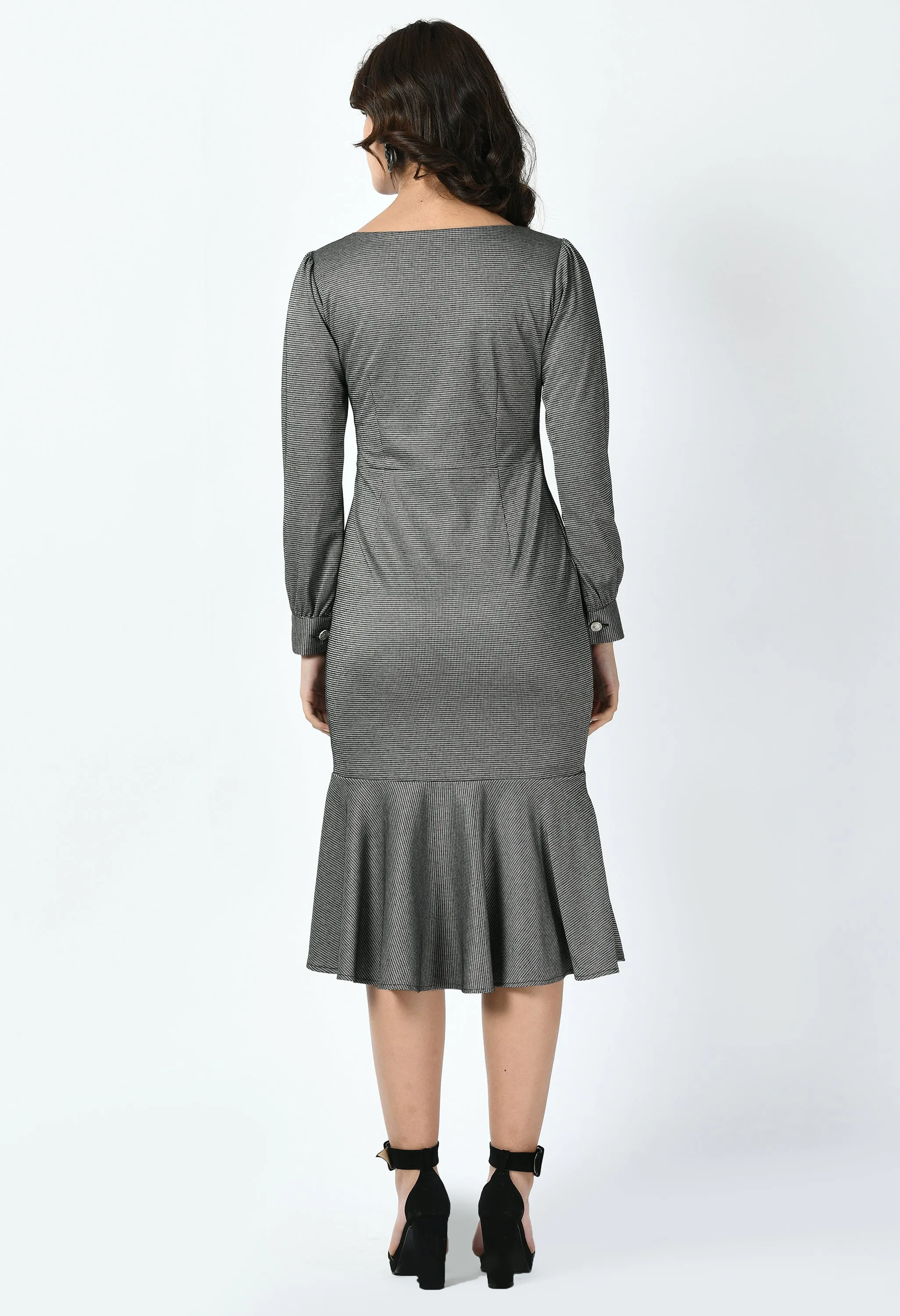 Exude Peak Checked Fishtail Midi Dress (Charcoal Black)