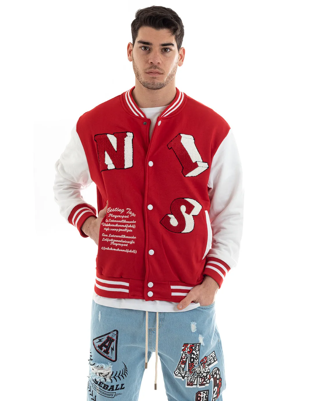 Felpa Uomo Giubbotto College Varsity Stampa Con Patch Bicolore Rosso GIOSAL-F2974A