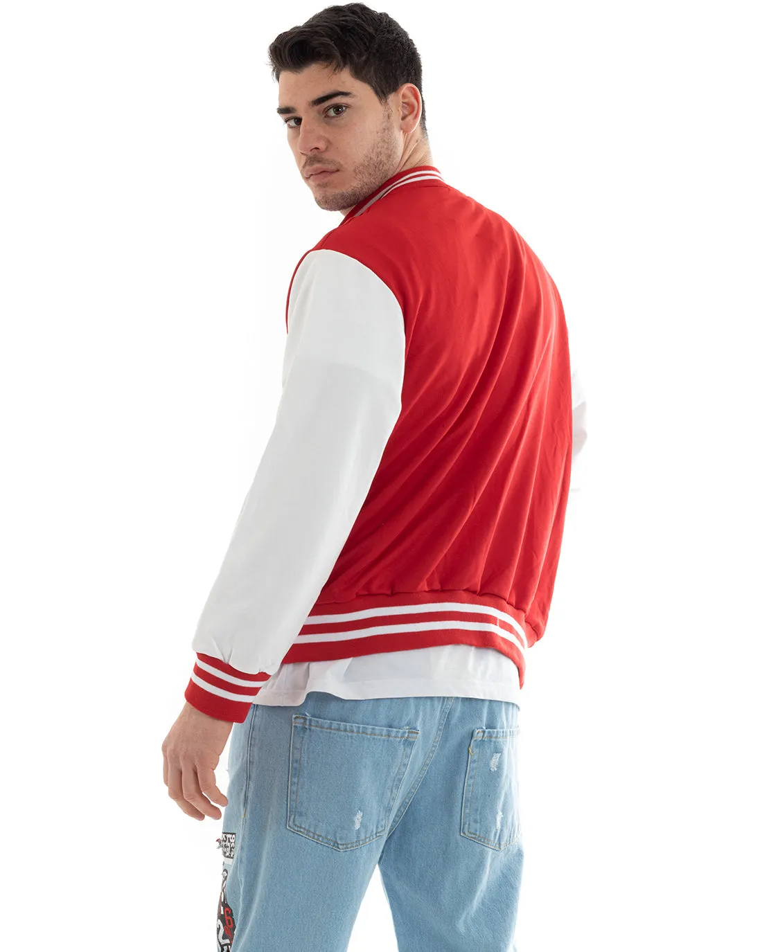 Felpa Uomo Giubbotto College Varsity Stampa Con Patch Bicolore Rosso GIOSAL-F2974A