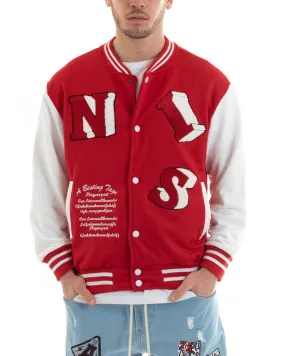 Felpa Uomo Giubbotto College Varsity Stampa Con Patch Bicolore Rosso GIOSAL-F2974A