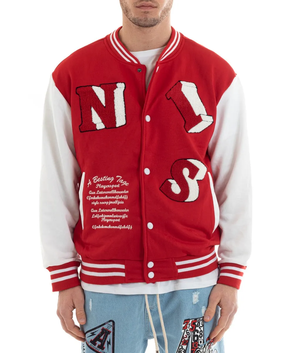 Felpa Uomo Giubbotto College Varsity Stampa Con Patch Bicolore Rosso GIOSAL-F2974A