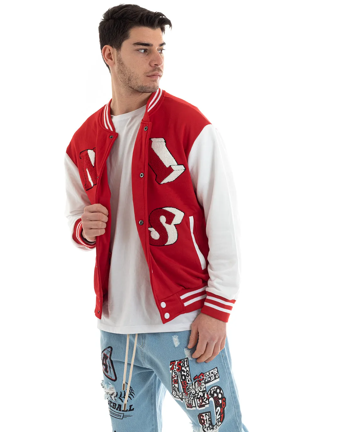 Felpa Uomo Giubbotto College Varsity Stampa Con Patch Bicolore Rosso GIOSAL-F2974A