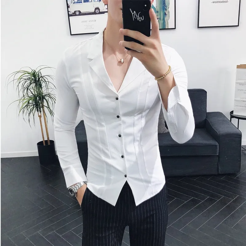 Foesce - Brand Clothing Men High Quality Spring Long-Sleeved Shirts/Male V-neck Slim Fit Casual Business Shirts Plus Size S-4XL