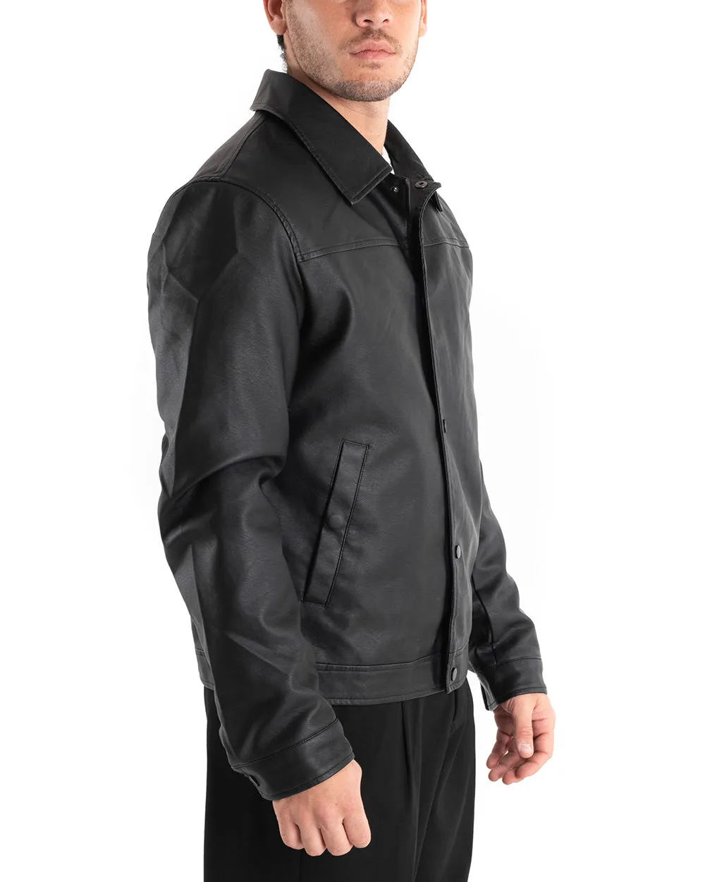 Giubbotto Uomo Giacca Con Colletto Camicia Nero Ecopelle GIOSAL-G2869A