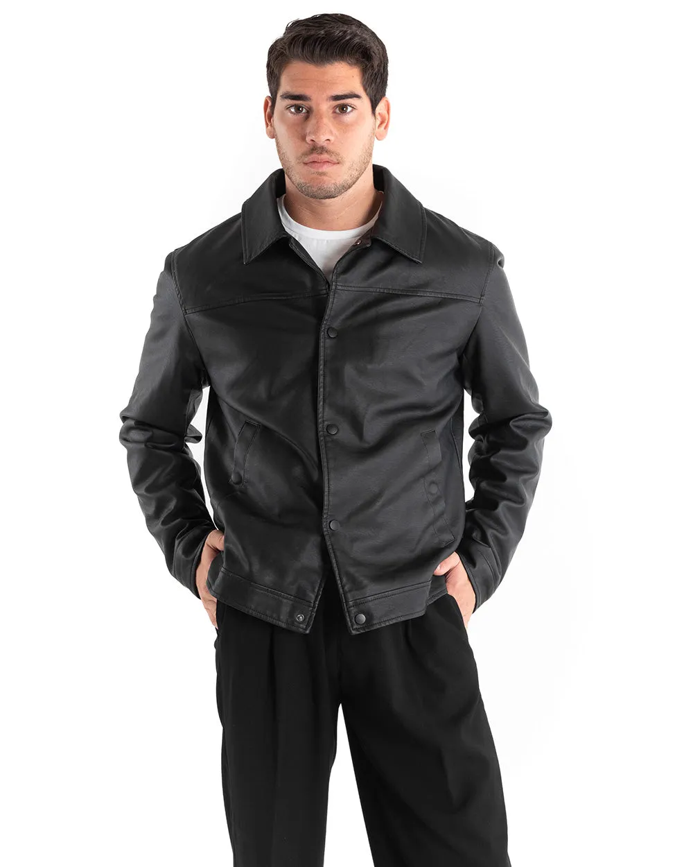 Giubbotto Uomo Giacca Con Colletto Camicia Nero Ecopelle GIOSAL-G2869A