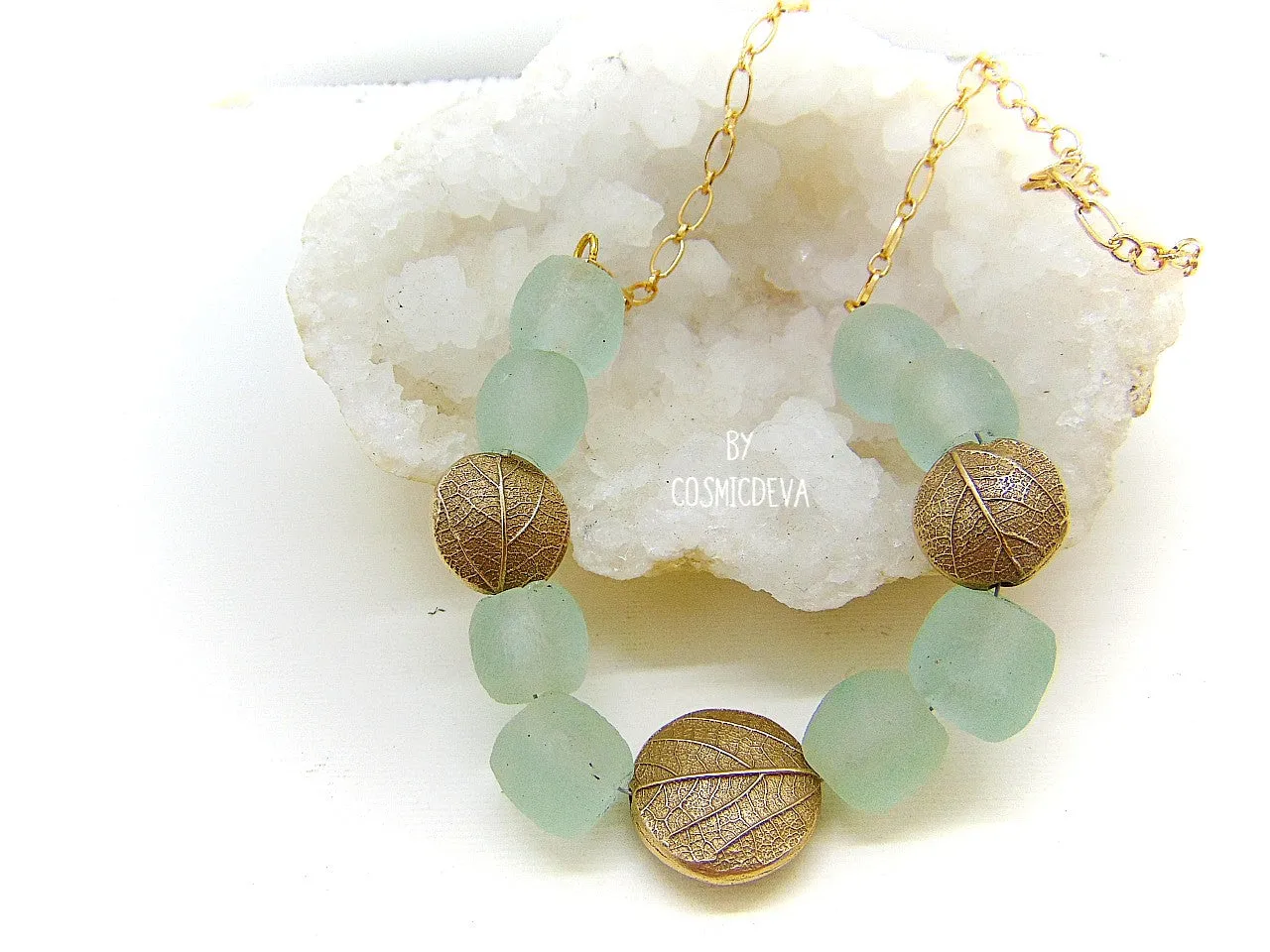 Gold Bronze Leaf Necklace, Aqua Blue Recycled Glass Necklace, Bronze Necklace