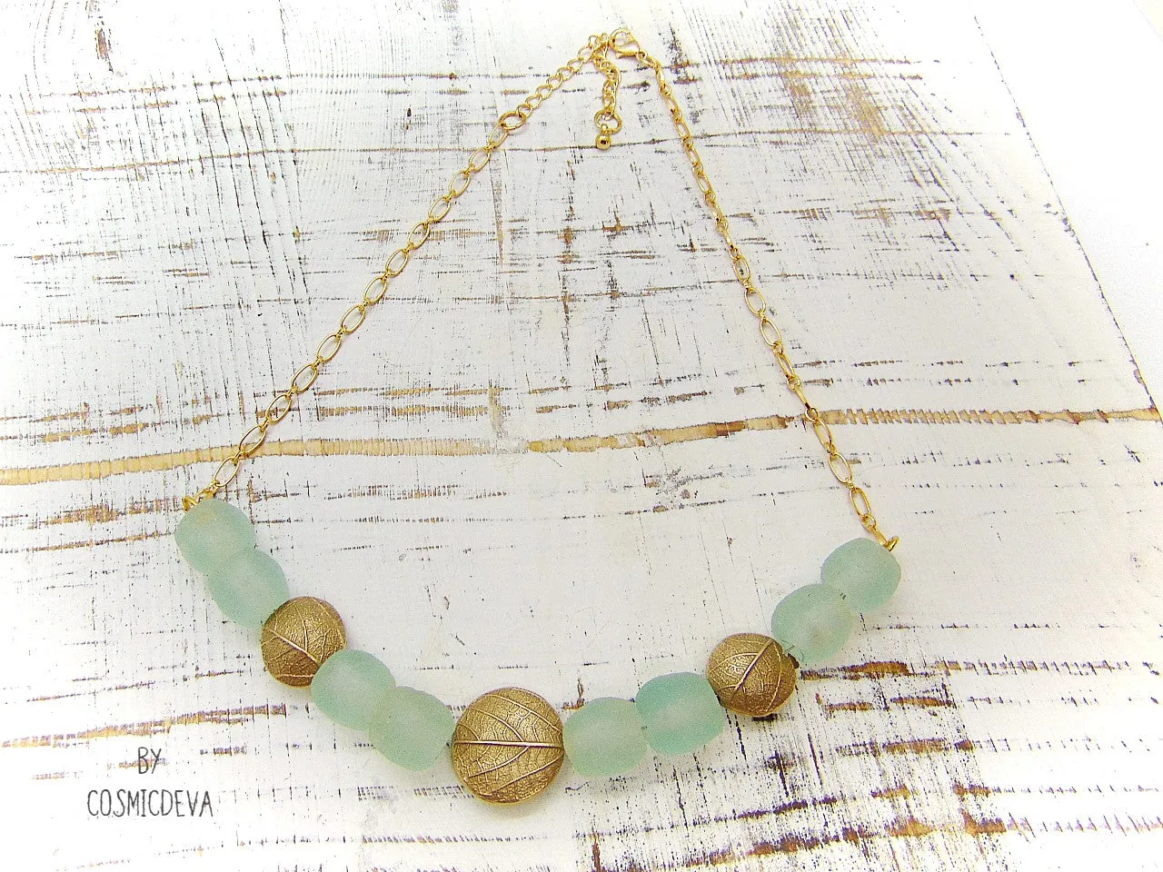 Gold Bronze Leaf Necklace, Aqua Blue Recycled Glass Necklace, Bronze Necklace