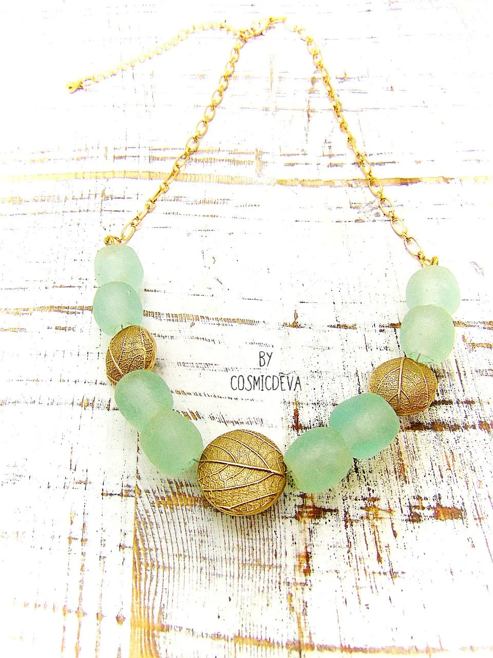 Gold Bronze Leaf Necklace, Aqua Blue Recycled Glass Necklace, Bronze Necklace