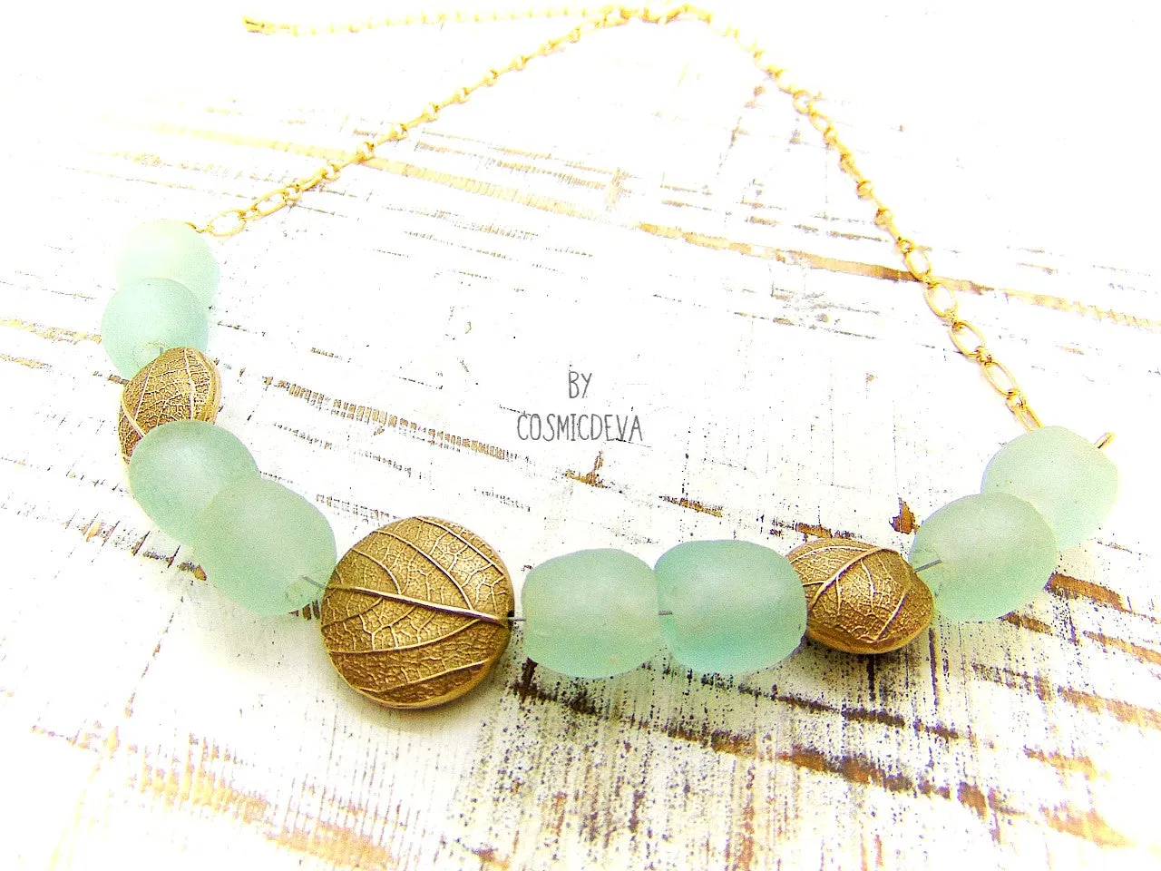 Gold Bronze Leaf Necklace, Aqua Blue Recycled Glass Necklace, Bronze Necklace