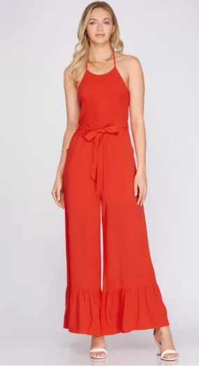 Halter Neck Smocked Top Jumpsuit