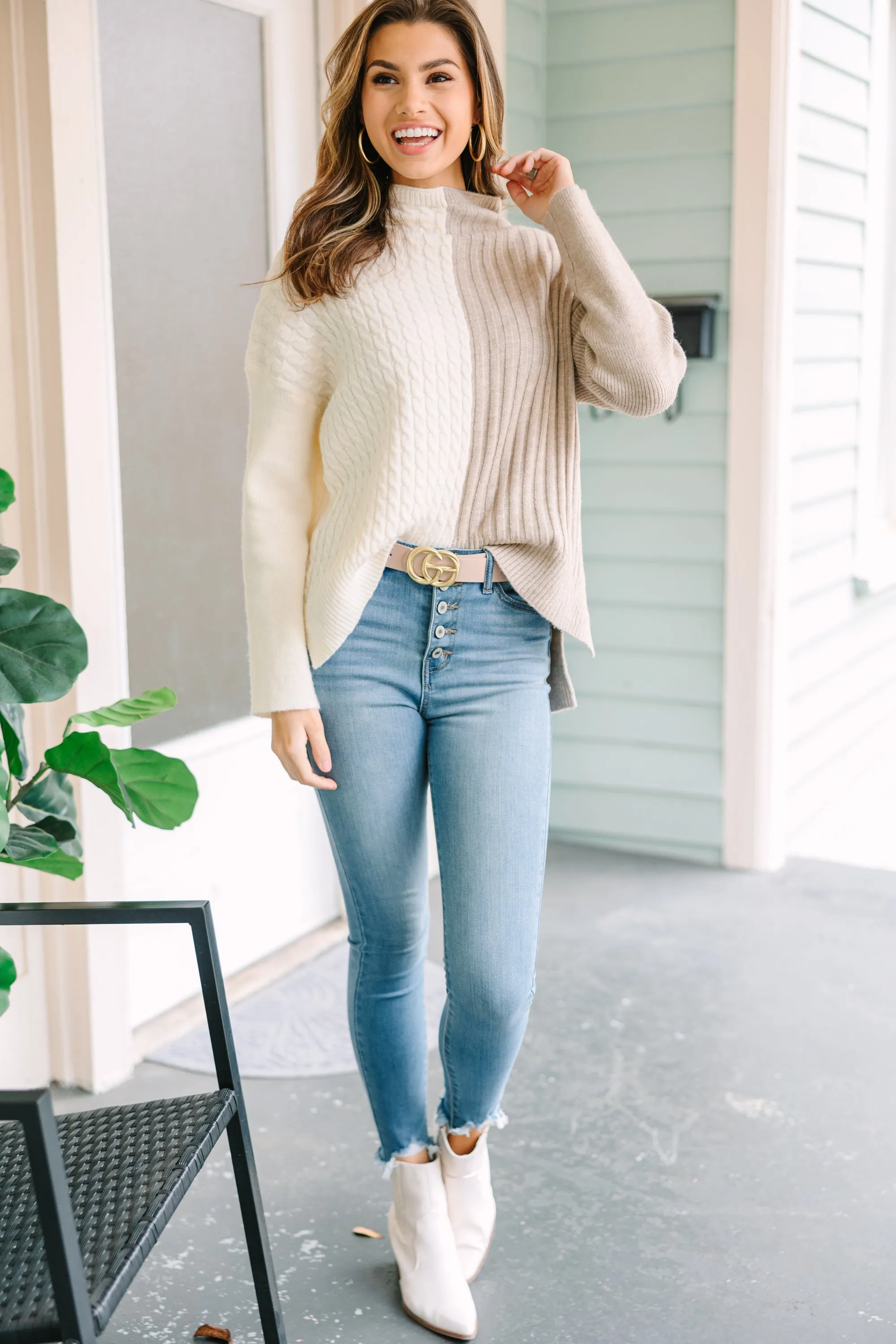 In A Dream Oatmeal Brown Colorblock Sweater