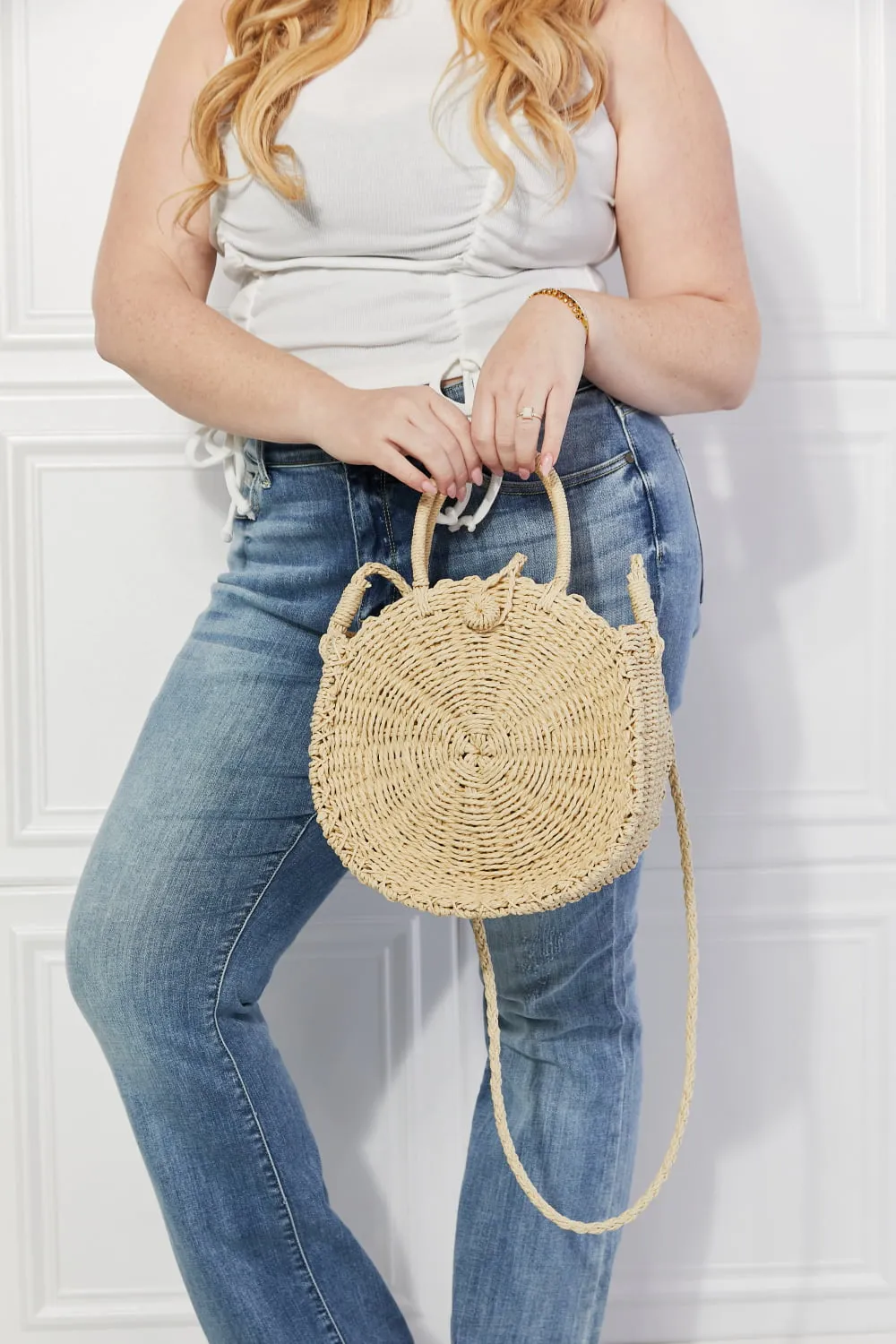 Justin Taylor Feeling Cute Rounded Rattan Handbag in Ivory