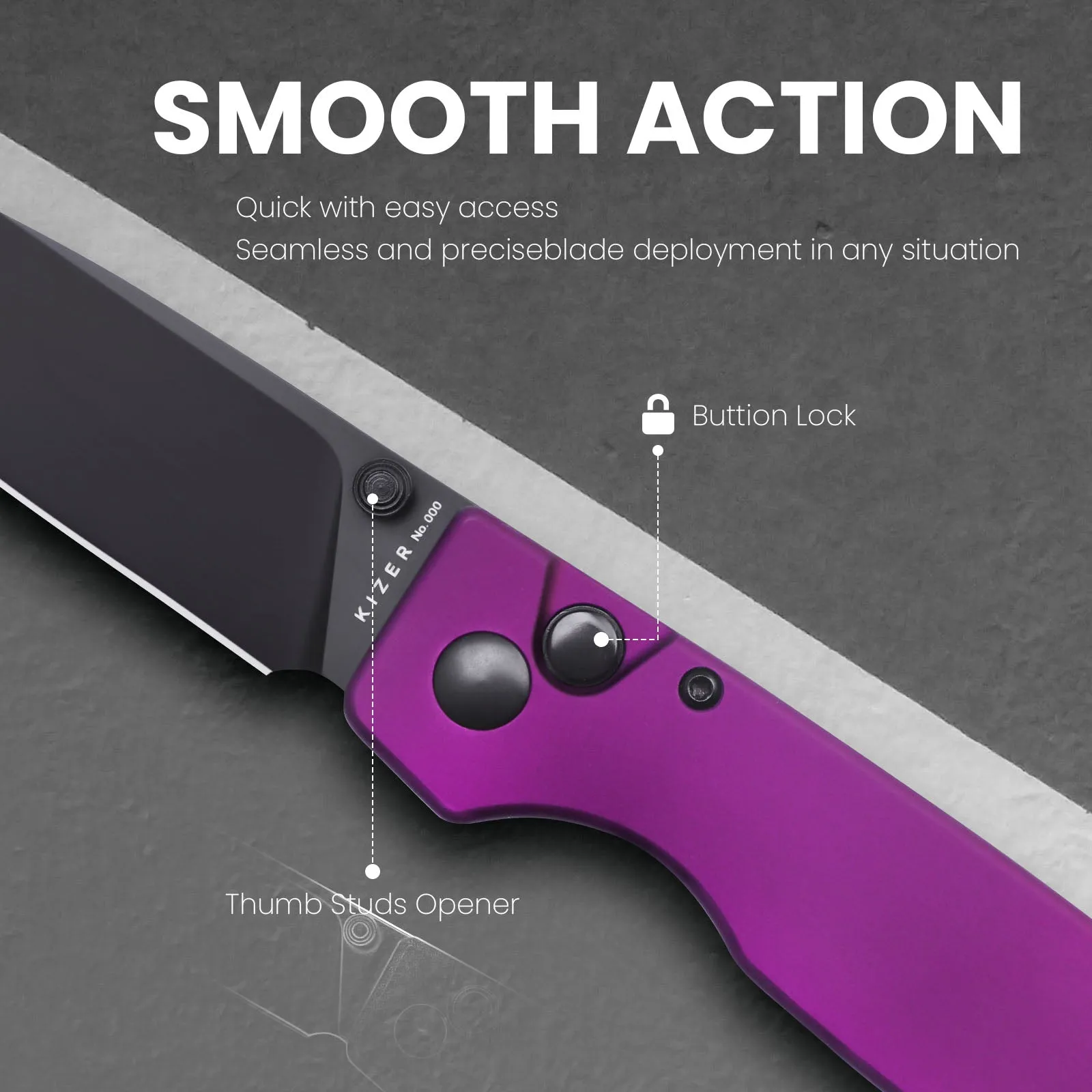 Kizer Original Button Lock Purple Aluminium Handle V3605C4 (2.98 Black)