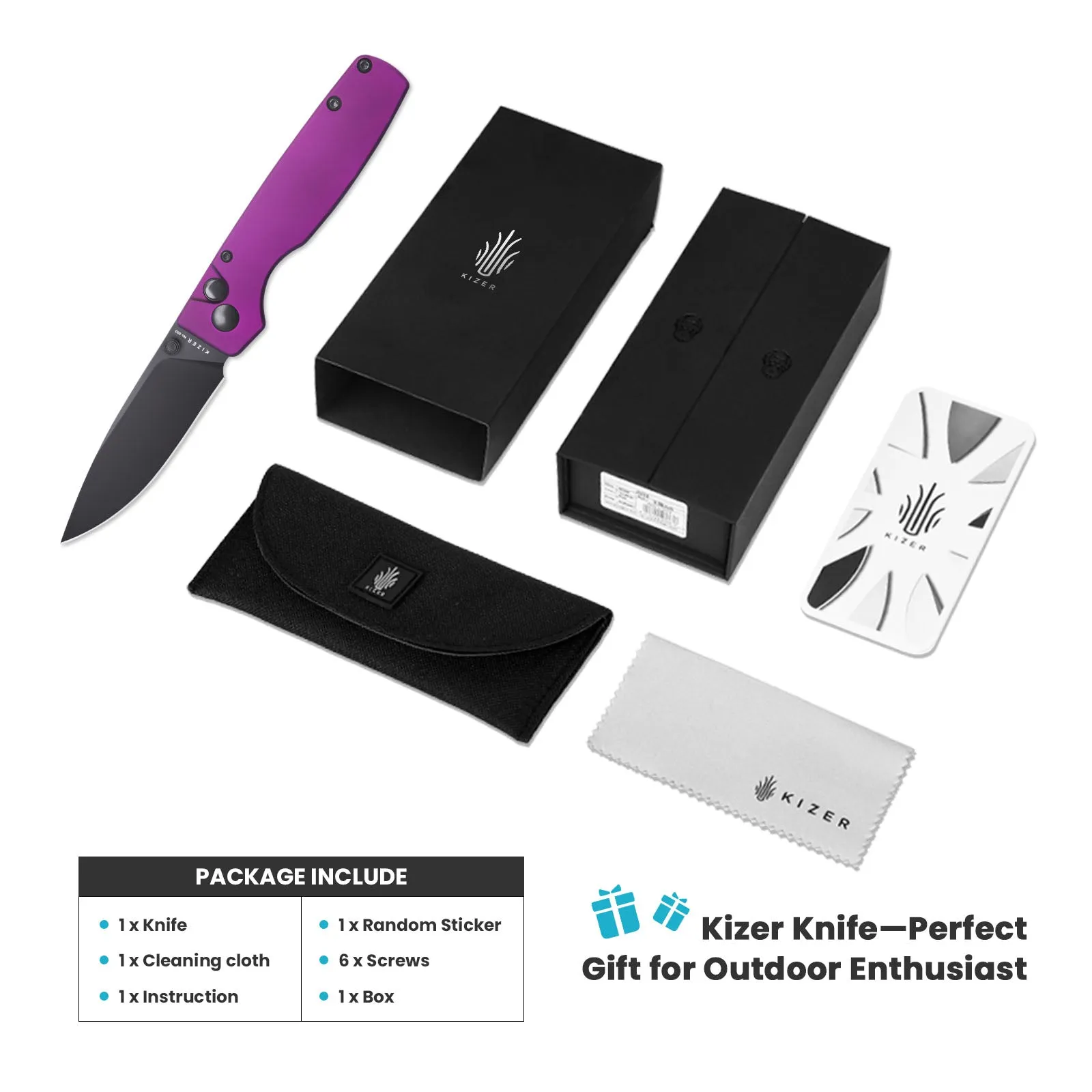 Kizer Original Button Lock Purple Aluminium Handle V3605C4 (2.98 Black)