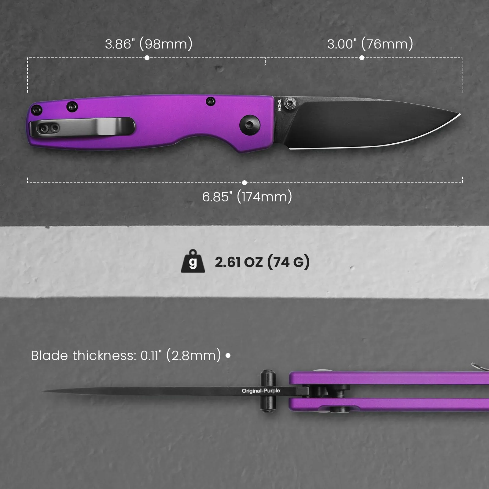 Kizer Original Button Lock Purple Aluminium Handle V3605C4 (2.98 Black)