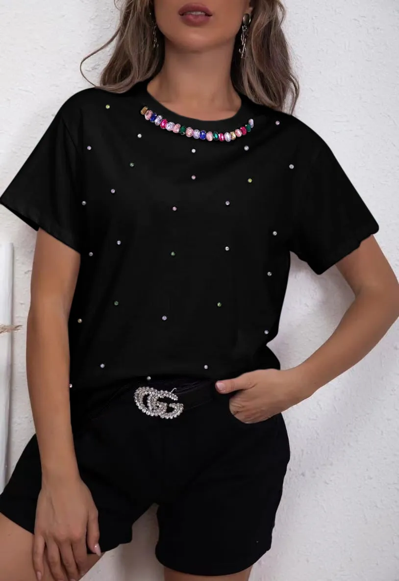 Maglia Donna T Shirt Mezza Manica Morbida Strass Multicolore Casual Easy