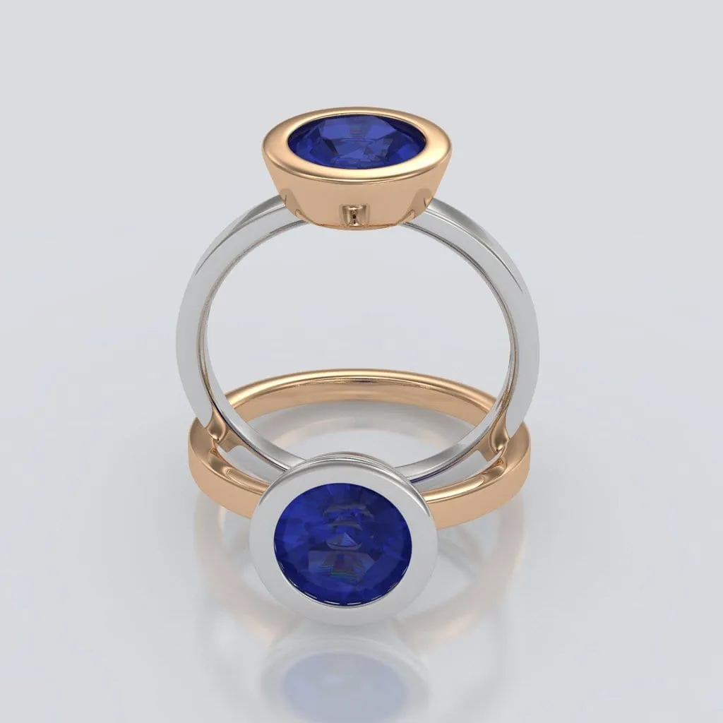 Minimal Round Chatham Blue Sapphire Wide Bezel Solitaire Engagement Ring