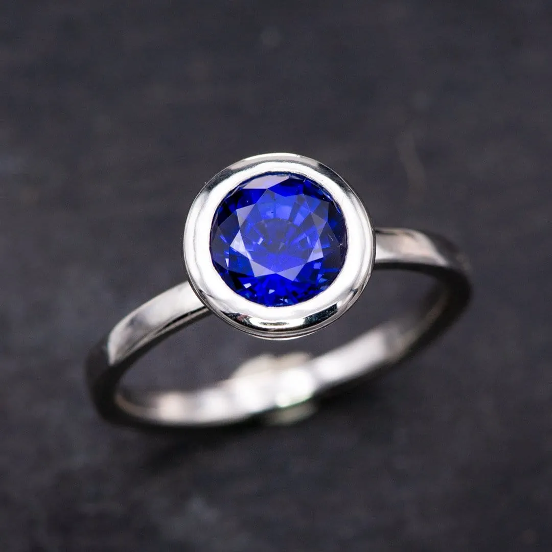 Minimal Round Chatham Blue Sapphire Wide Bezel Solitaire Engagement Ring