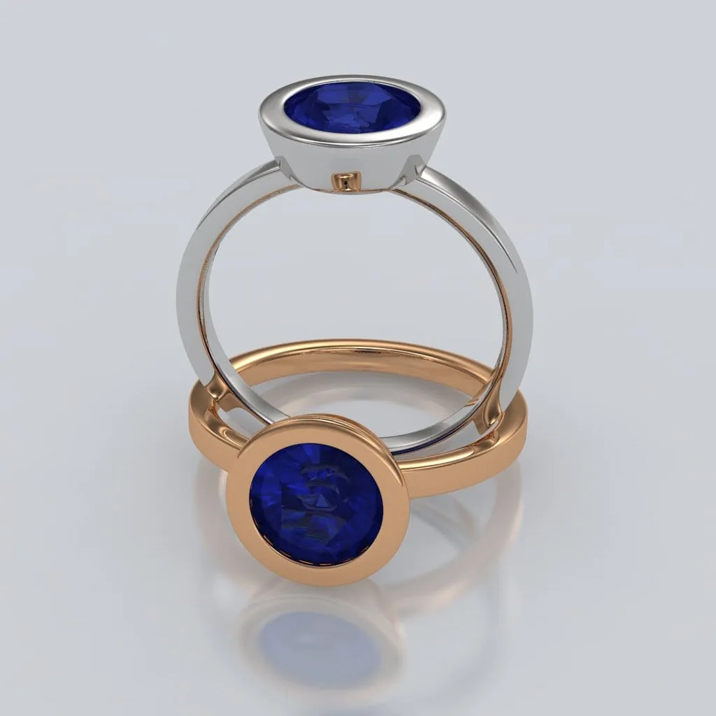 Minimal Round Chatham Blue Sapphire Wide Bezel Solitaire Engagement Ring