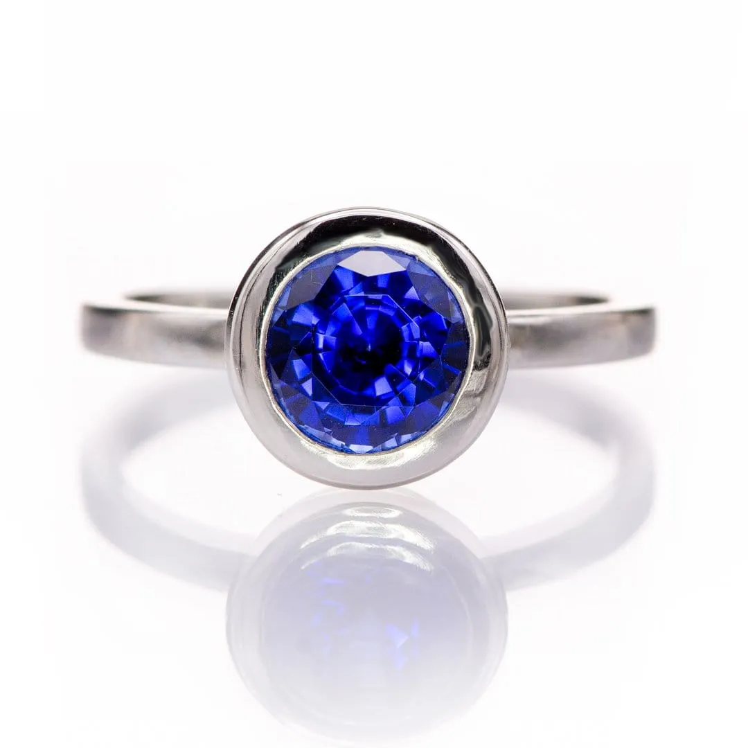 Minimal Round Chatham Blue Sapphire Wide Bezel Solitaire Engagement Ring