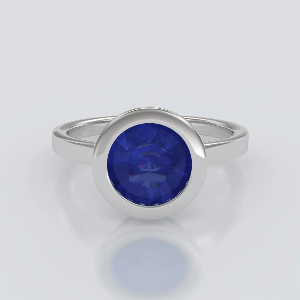 Minimal Round Chatham Blue Sapphire Wide Bezel Solitaire Engagement Ring