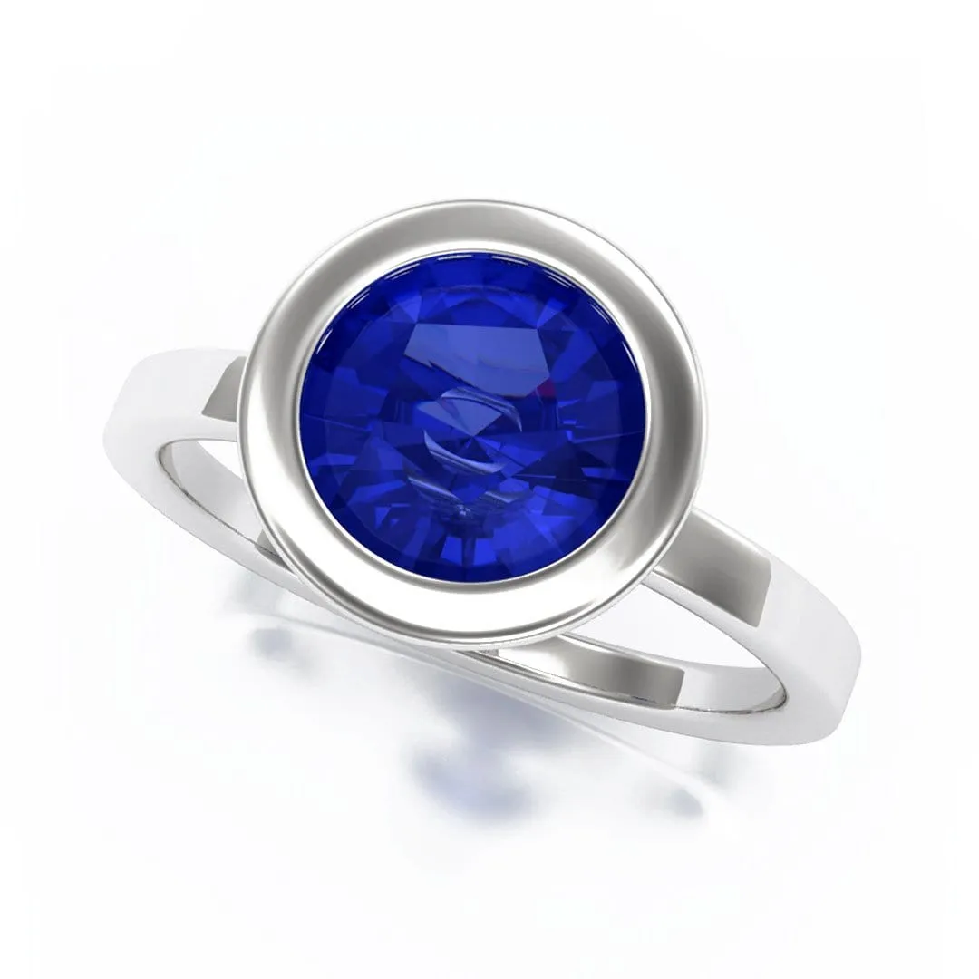 Minimal Round Chatham Blue Sapphire Wide Bezel Solitaire Engagement Ring