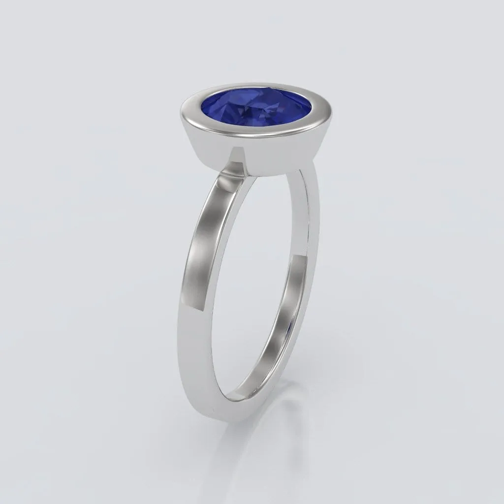 Minimal Round Chatham Blue Sapphire Wide Bezel Solitaire Engagement Ring