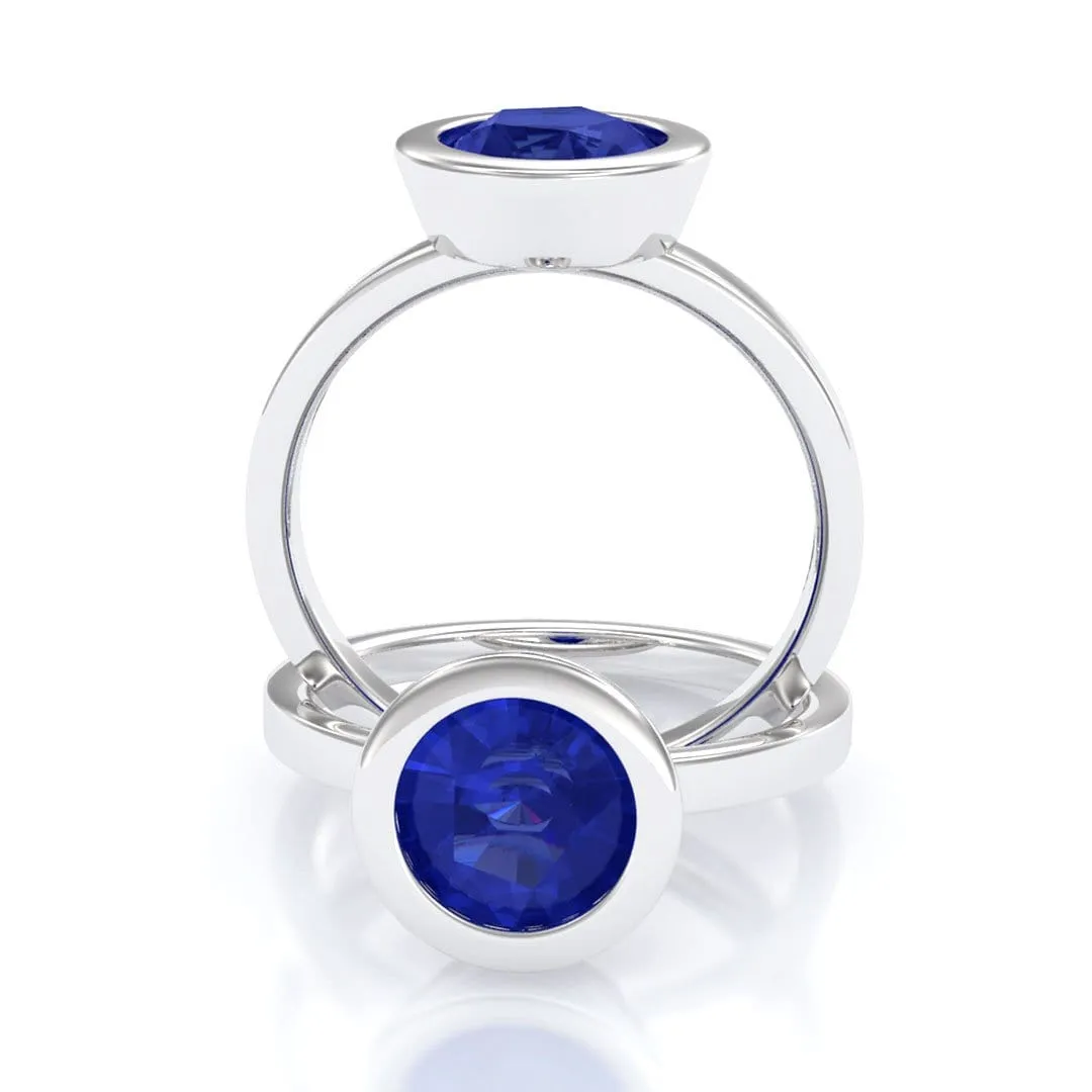 Minimal Round Chatham Blue Sapphire Wide Bezel Solitaire Engagement Ring