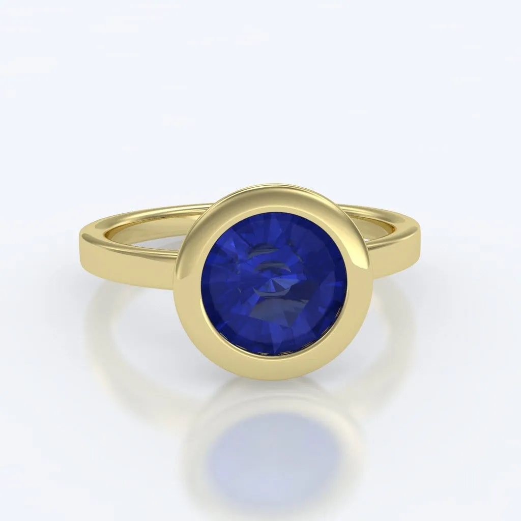 Minimal Round Chatham Blue Sapphire Wide Bezel Solitaire Engagement Ring