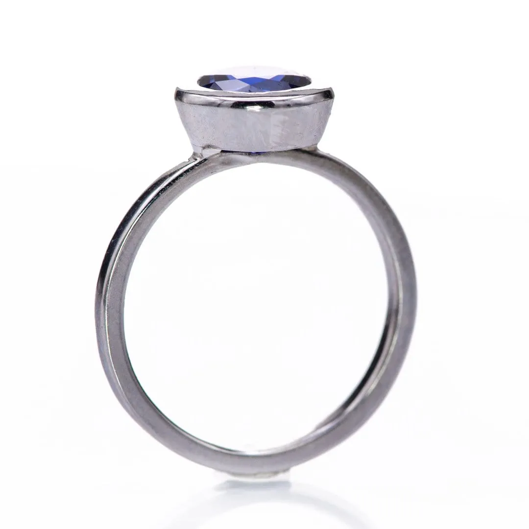 Minimal Round Chatham Blue Sapphire Wide Bezel Solitaire Engagement Ring