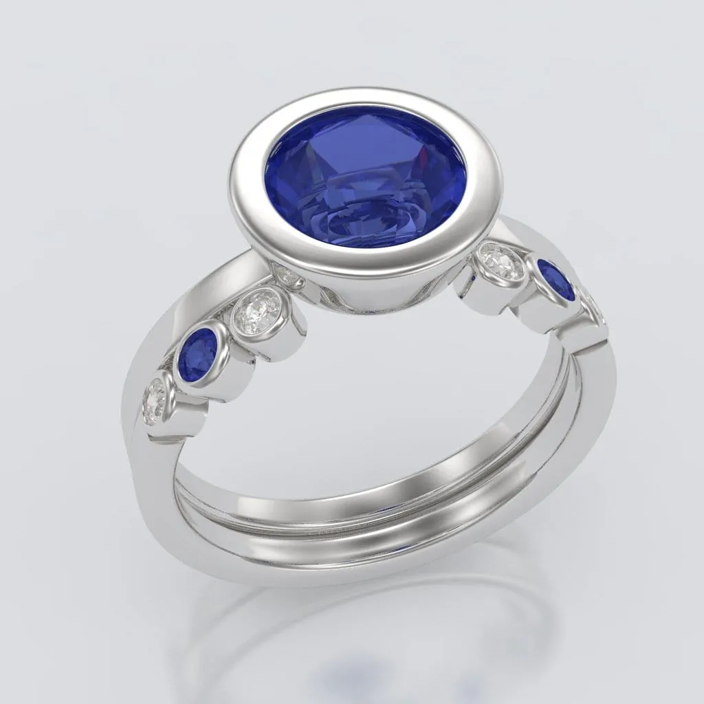 Minimal Round Chatham Blue Sapphire Wide Bezel Solitaire Engagement Ring