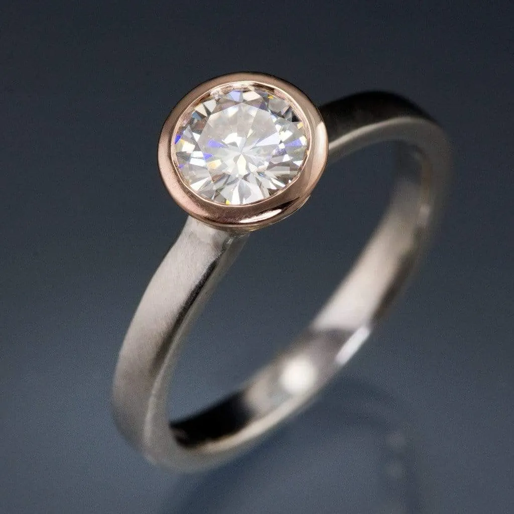 Mixed Metal Round Moissanite Bezel Set Solitaire Engagement Ring