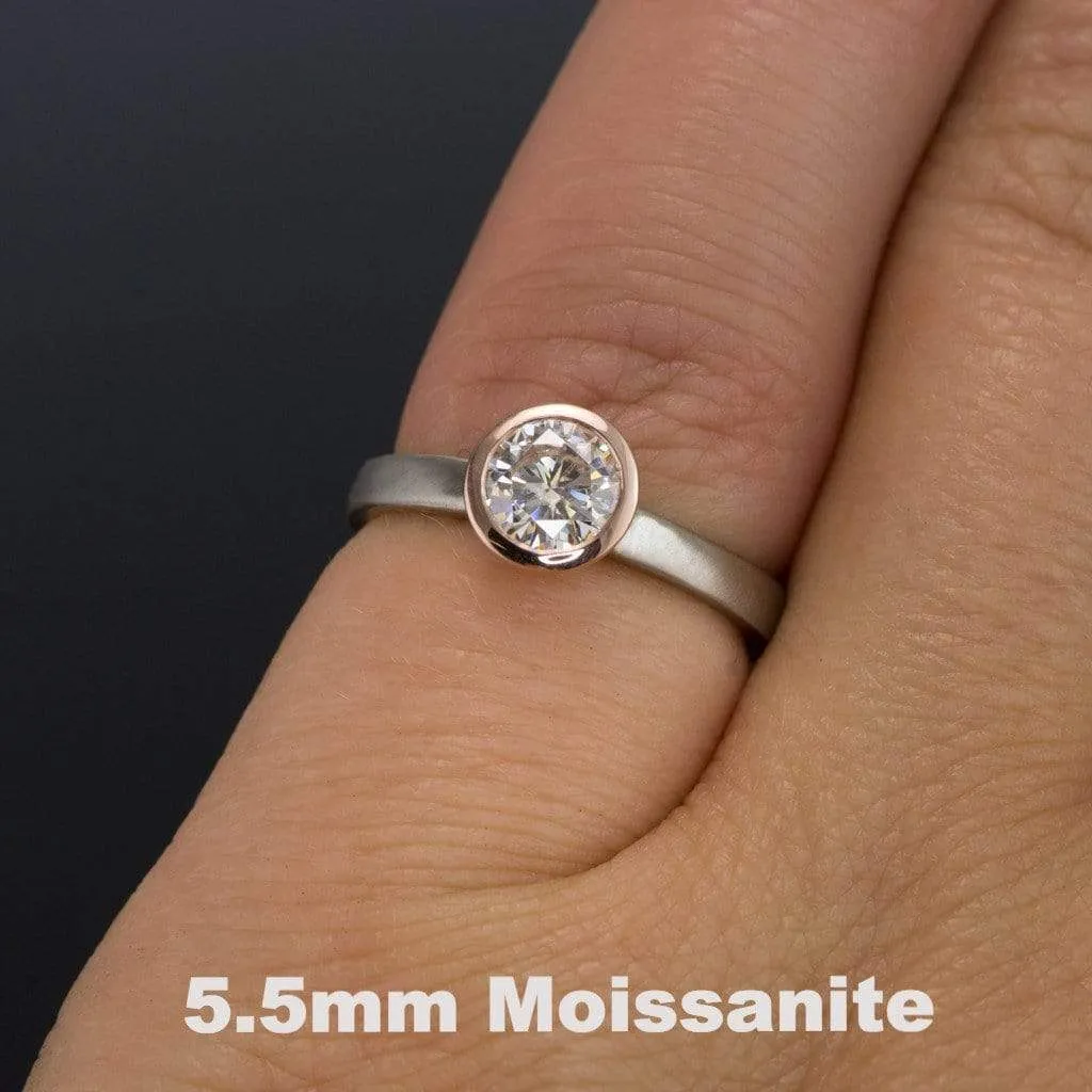 Mixed Metal Round Moissanite Bezel Set Solitaire Engagement Ring