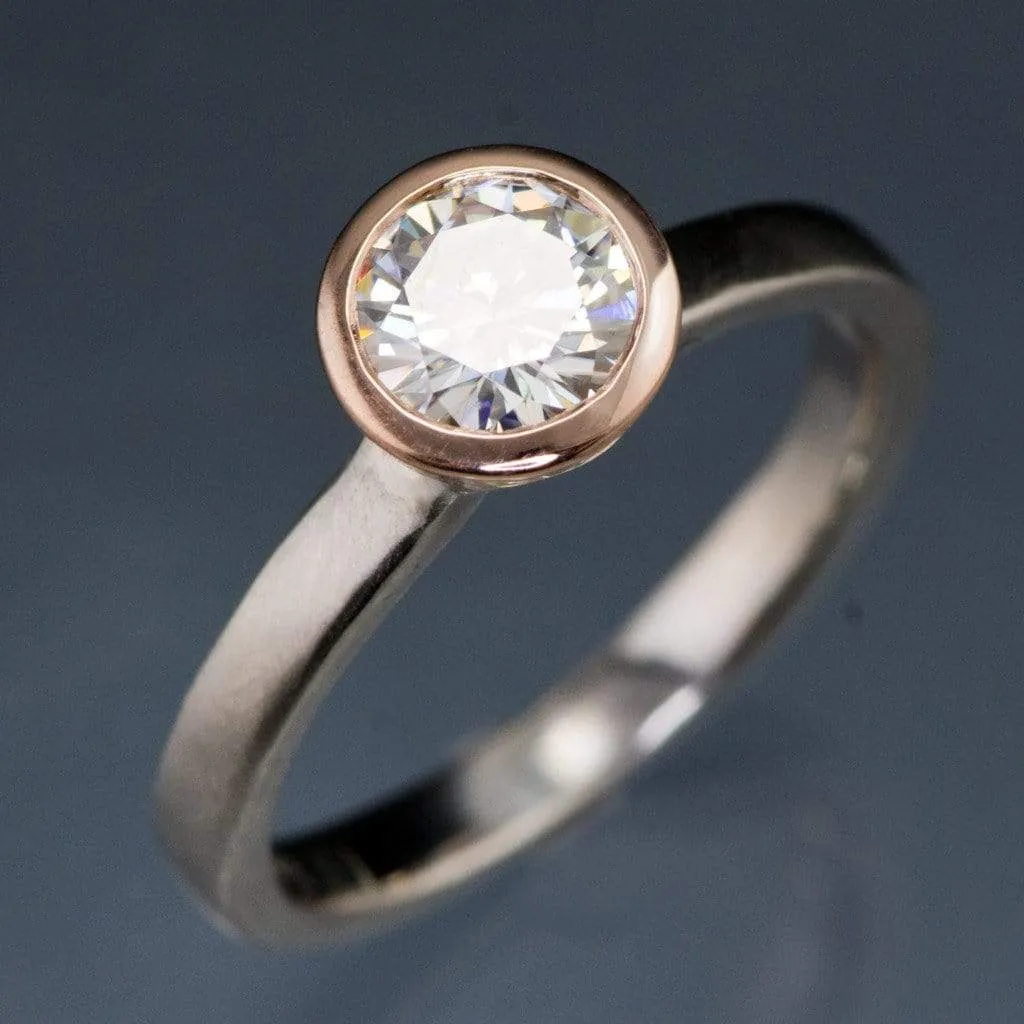 Mixed Metal Round Moissanite Bezel Set Solitaire Engagement Ring