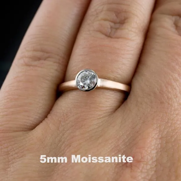 Mixed Metal Round Moissanite Bezel Set Solitaire Engagement Ring