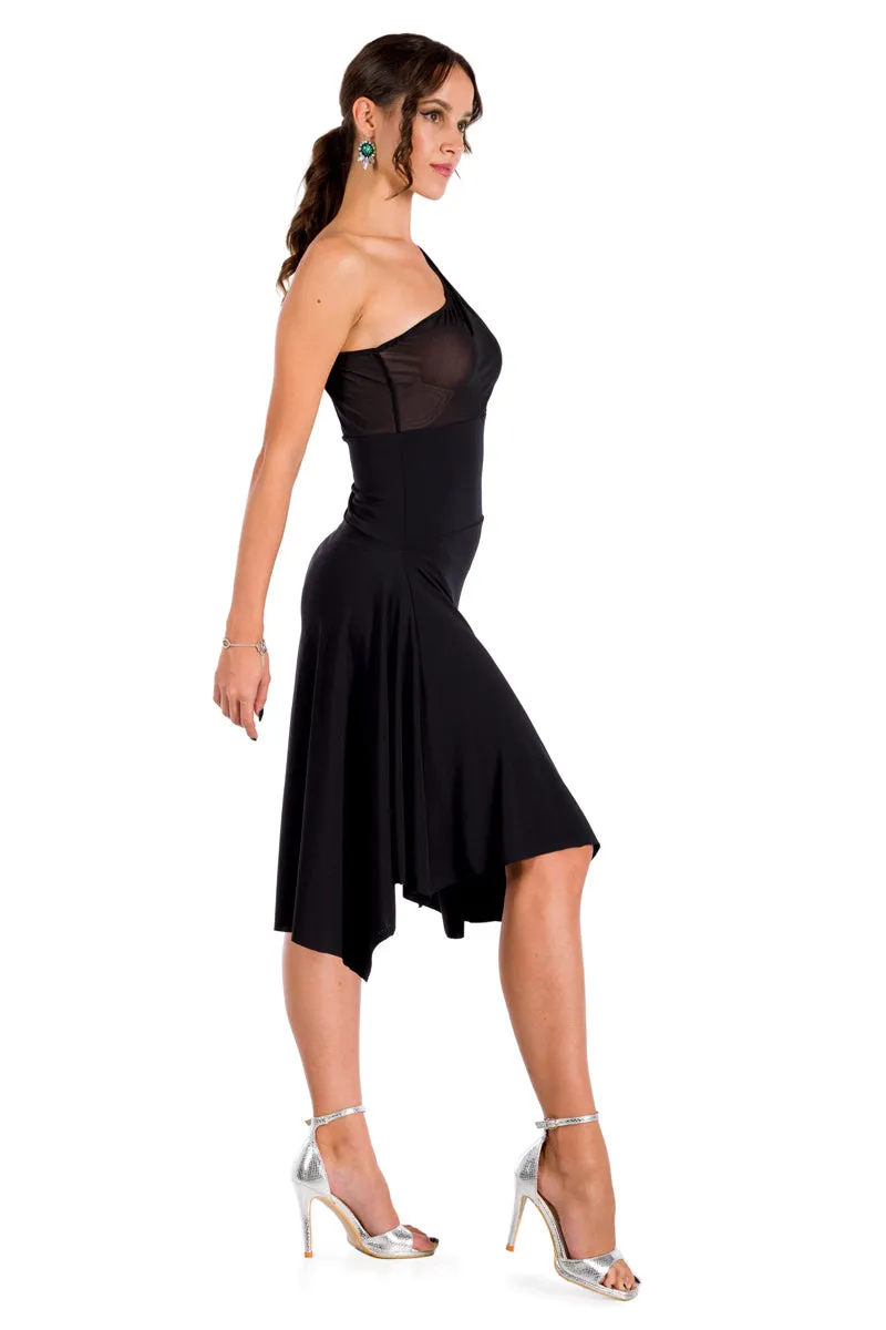 One-Shoulder Dress With Side Draping And Black Tulle Top