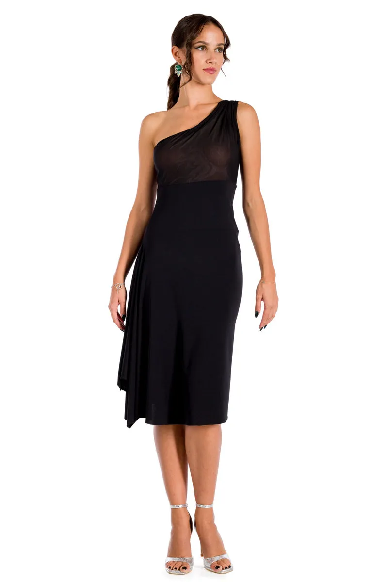 One-Shoulder Dress With Side Draping And Black Tulle Top