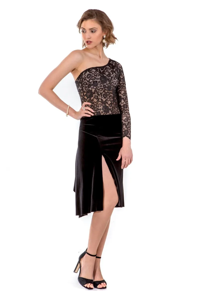 One-shoulder Guipure Lace Velvet Tango Dress