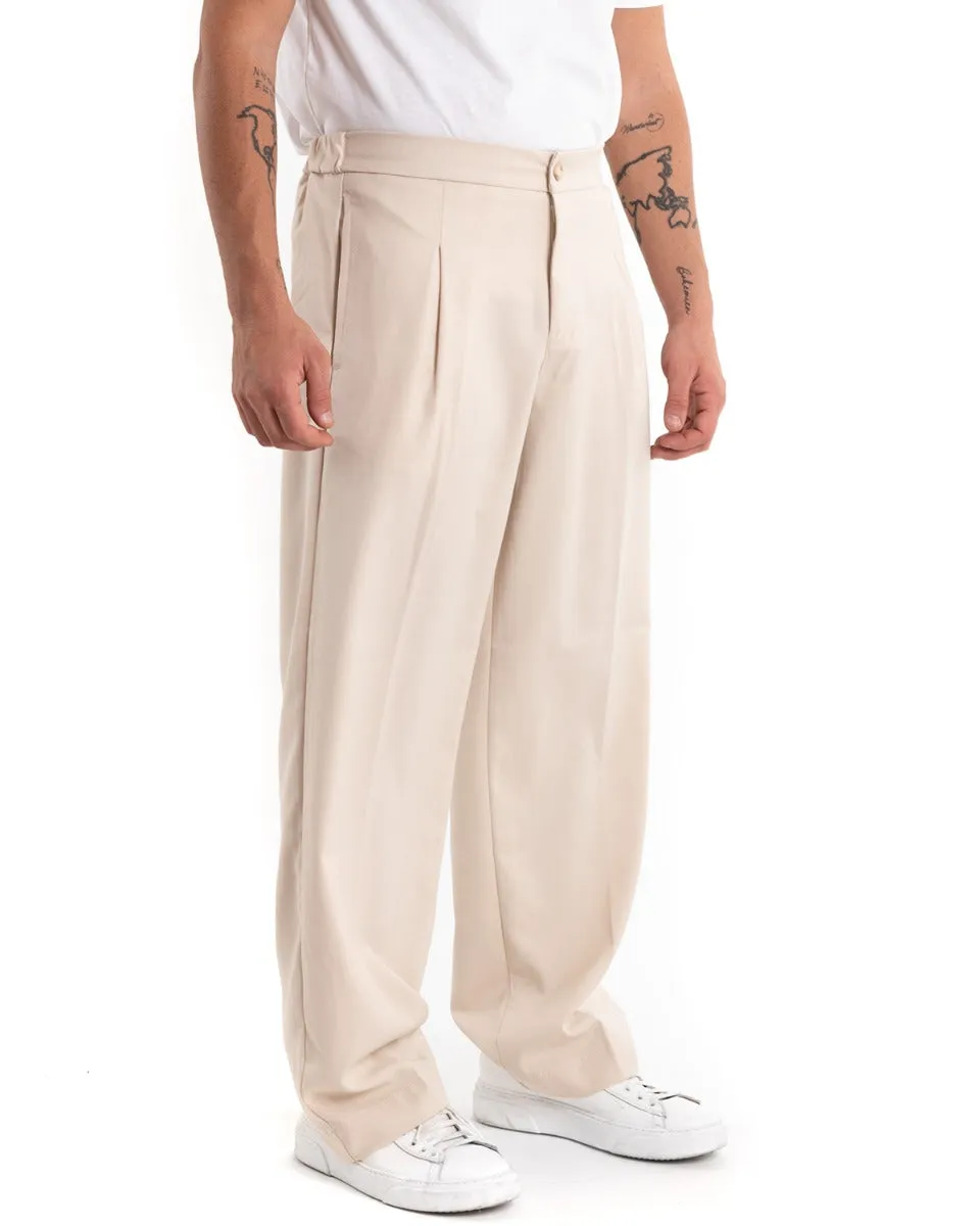 Pantaloni Uomo Viscosa Largo Lungo Panna Wide Leg Casual GIOSAL-P5455A