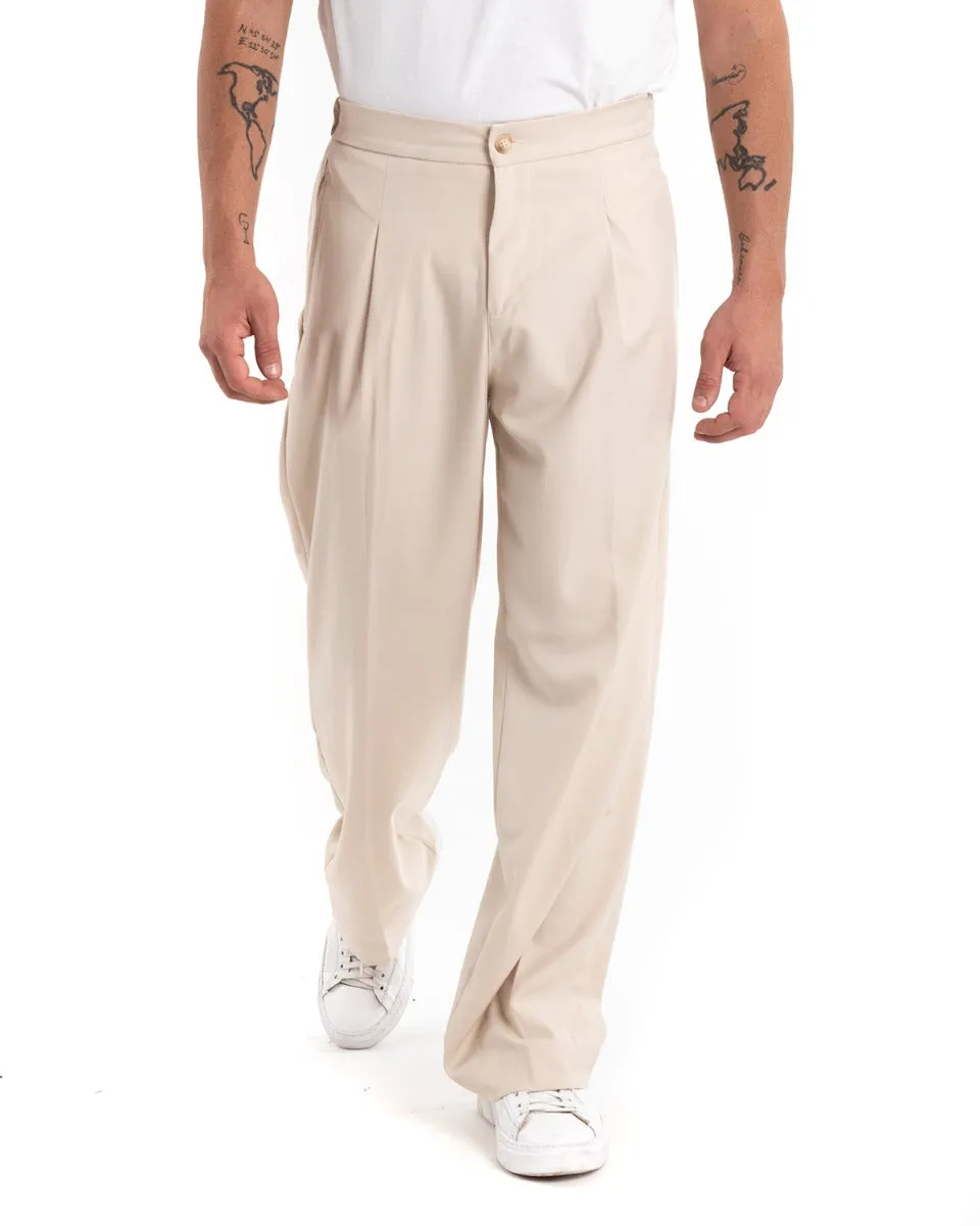 Pantaloni Uomo Viscosa Largo Lungo Panna Wide Leg Casual GIOSAL-P5455A