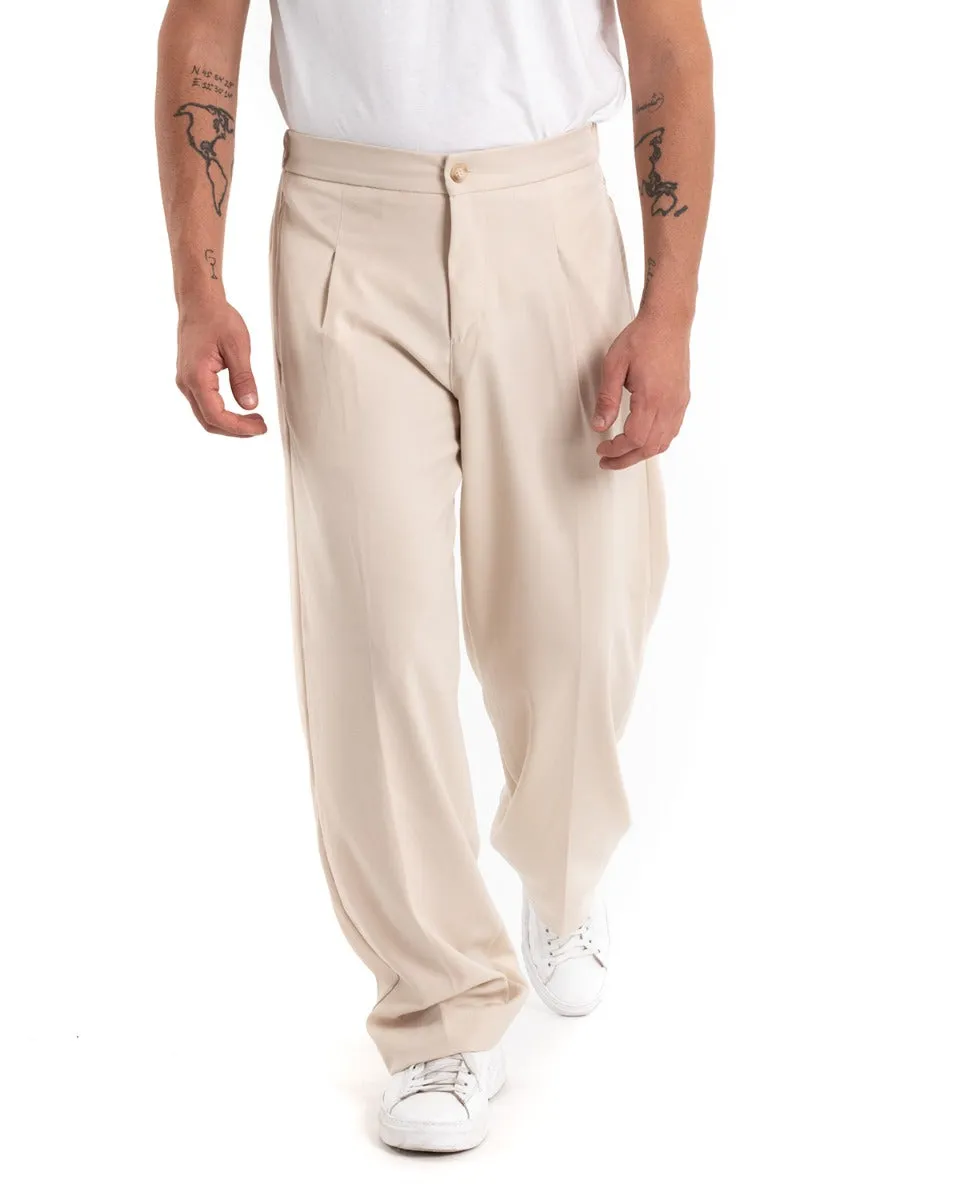 Pantaloni Uomo Viscosa Largo Lungo Panna Wide Leg Casual GIOSAL-P5455A