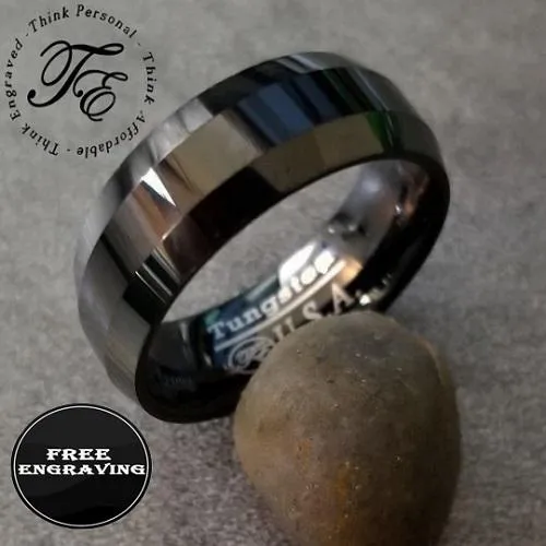 Personalized Men's Promise Ring - Wide Beveled Real Black Tungsten