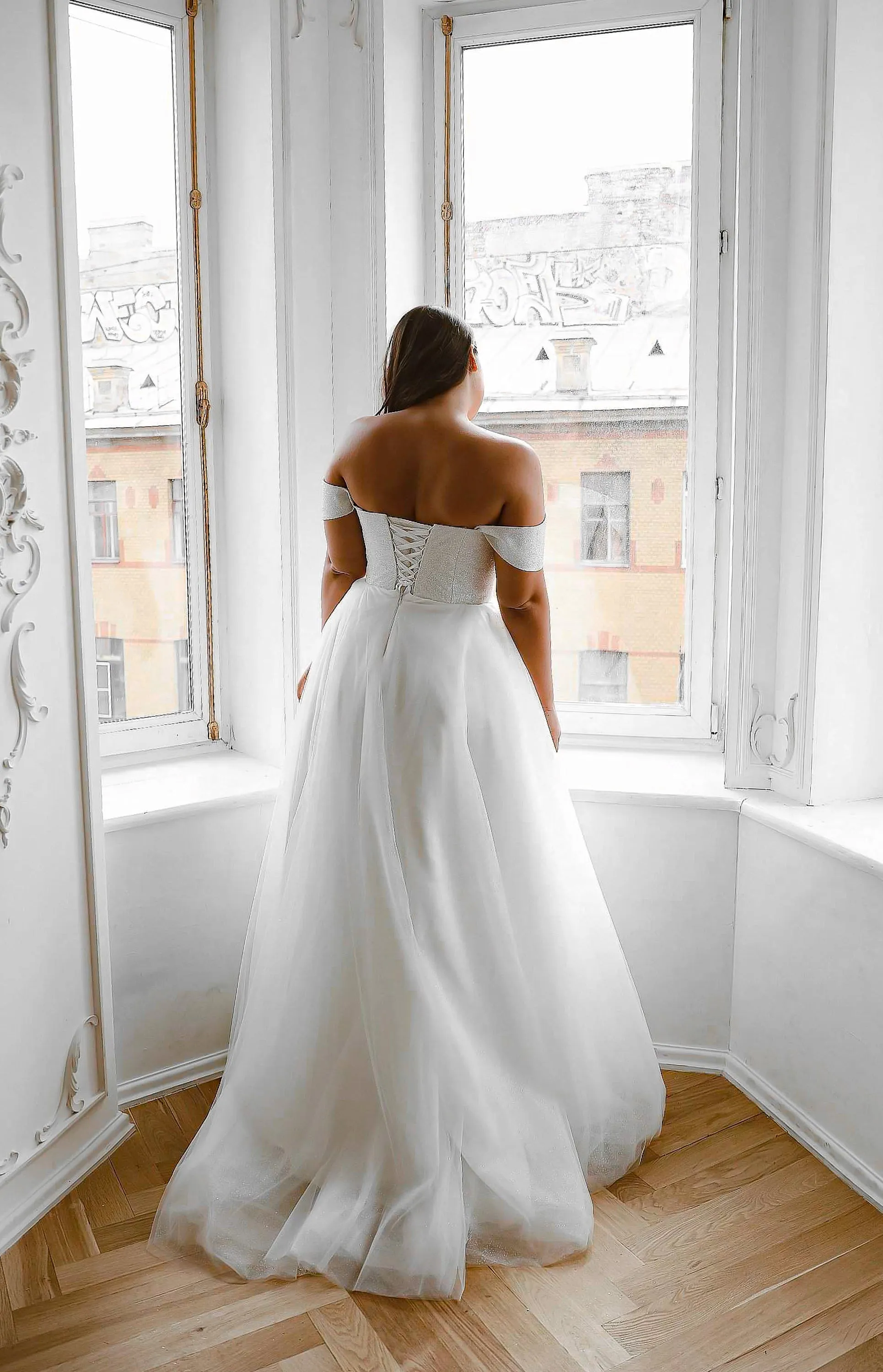 Plus Size Shiny Off-the-Shoulder Wedding Dress Klouzi 2 with wide straps