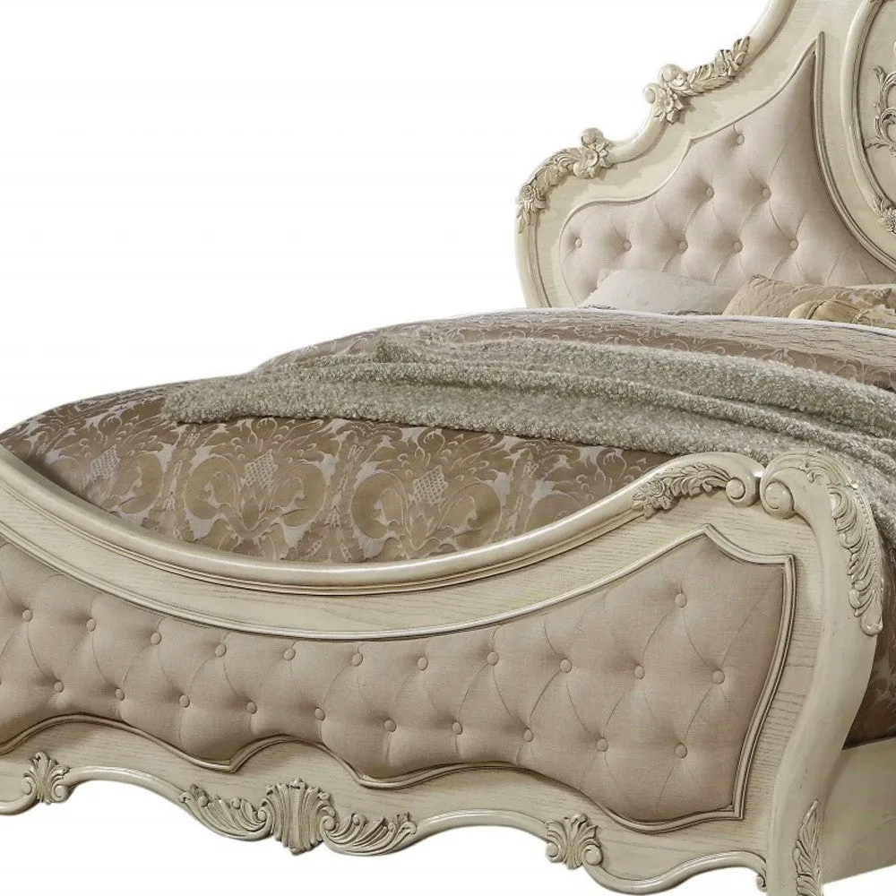 Queen Tufted Beige Upholstered Linen Bed With Nailhead Trim