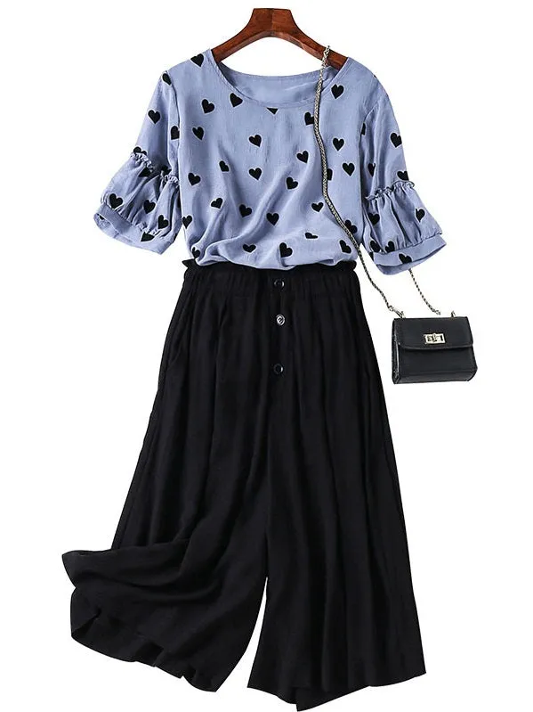 (Ready Stock 5XL * 1) Theodocia Plus Size Blue Hearts Print Short Sleeve Blouse And Black Buttons Wide Leg Culotte Pants Set