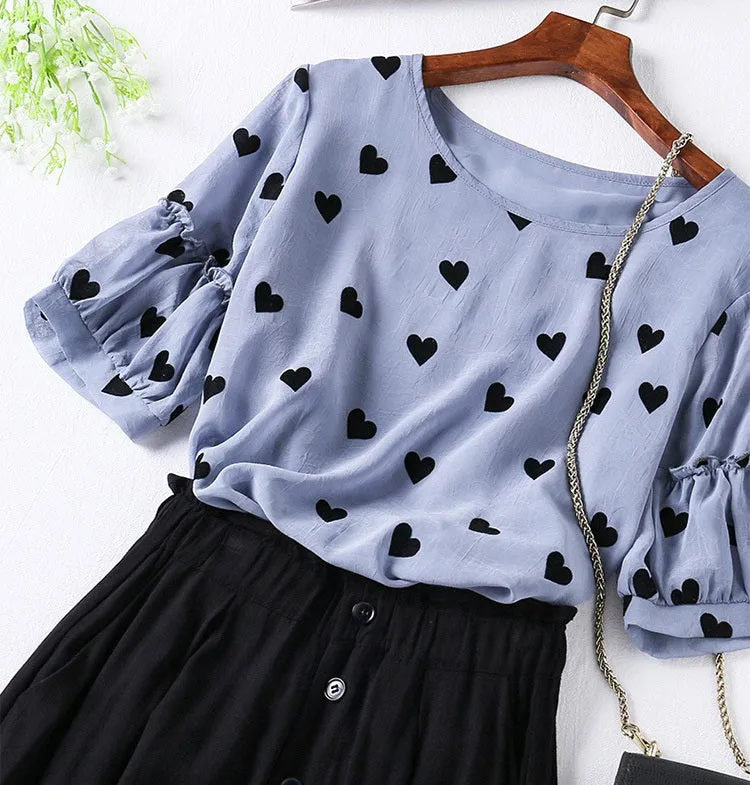 (Ready Stock 5XL * 1) Theodocia Plus Size Blue Hearts Print Short Sleeve Blouse And Black Buttons Wide Leg Culotte Pants Set