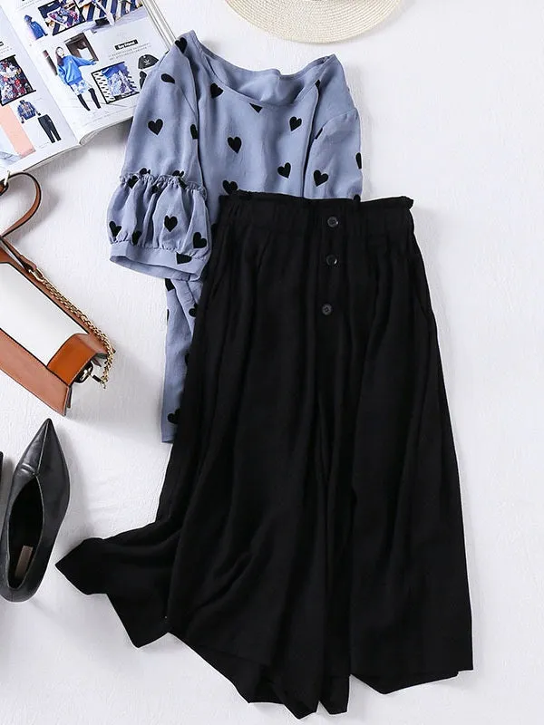 (Ready Stock 5XL * 1) Theodocia Plus Size Blue Hearts Print Short Sleeve Blouse And Black Buttons Wide Leg Culotte Pants Set