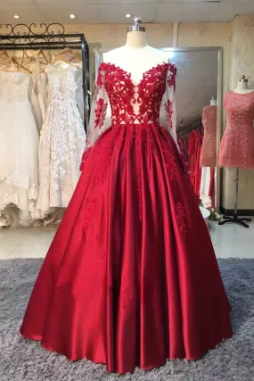 Red Ball Gown Floor Length Off Shoulder Long Sleeve Appliques Vintage Prom Dresses