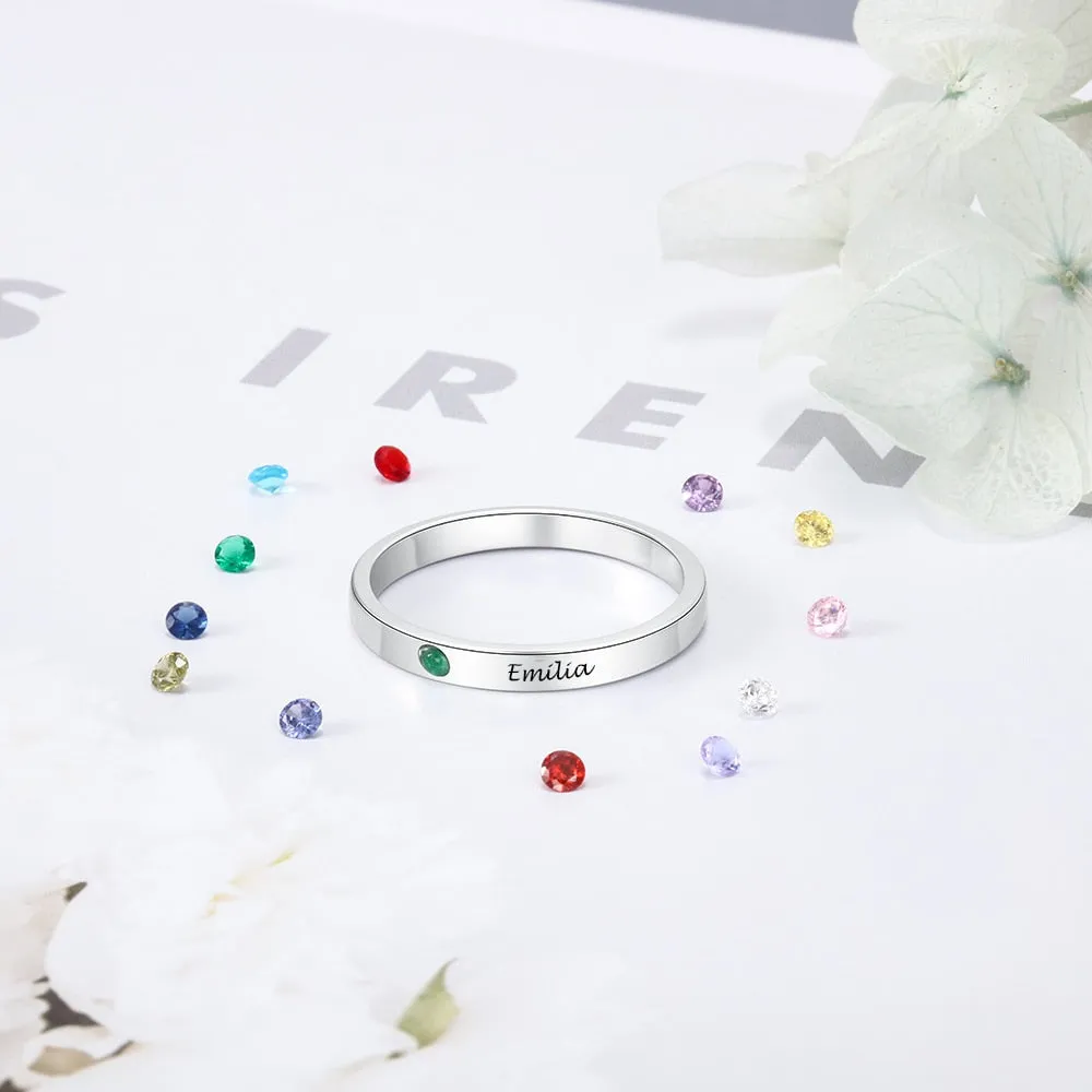 Silver Color Personalized Name Ring with Birthstone Custom Engraved Rings for Women Fashion Jewelry Gifts for Mother