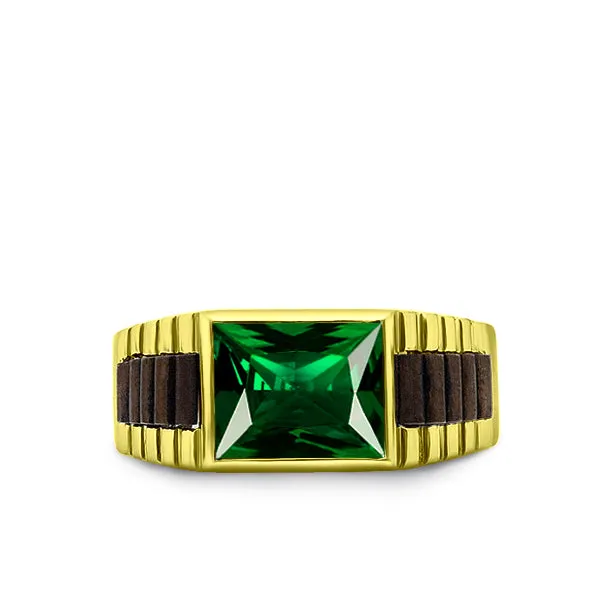 Solid 10k Yellow Gold Mens Ring Green Emerald Gemstone Modern Band Ring for Man